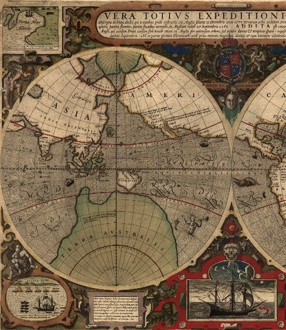 Antique typographic world map by Hondius