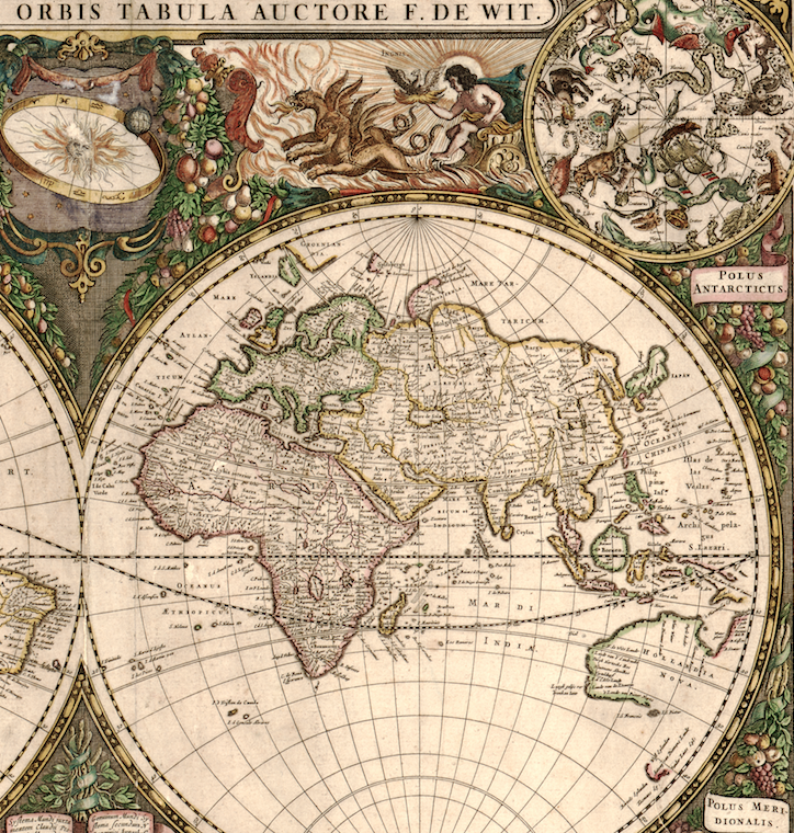 Antique typographic world map of Earth by Frederick de Wit